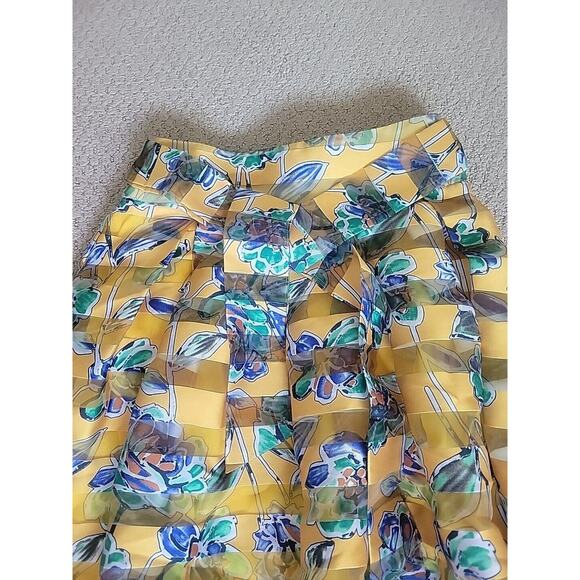 Banjul Women’s A-line High Low Skirt Yellow Size S Floral Pleated Striped Sheer - Picture 2 of 12